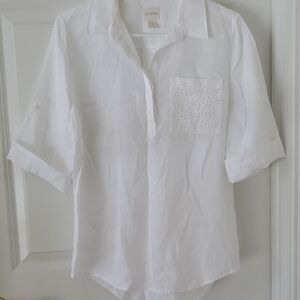 Chico's Crisp White Shirt Top with Eyelet Pocket Size 1